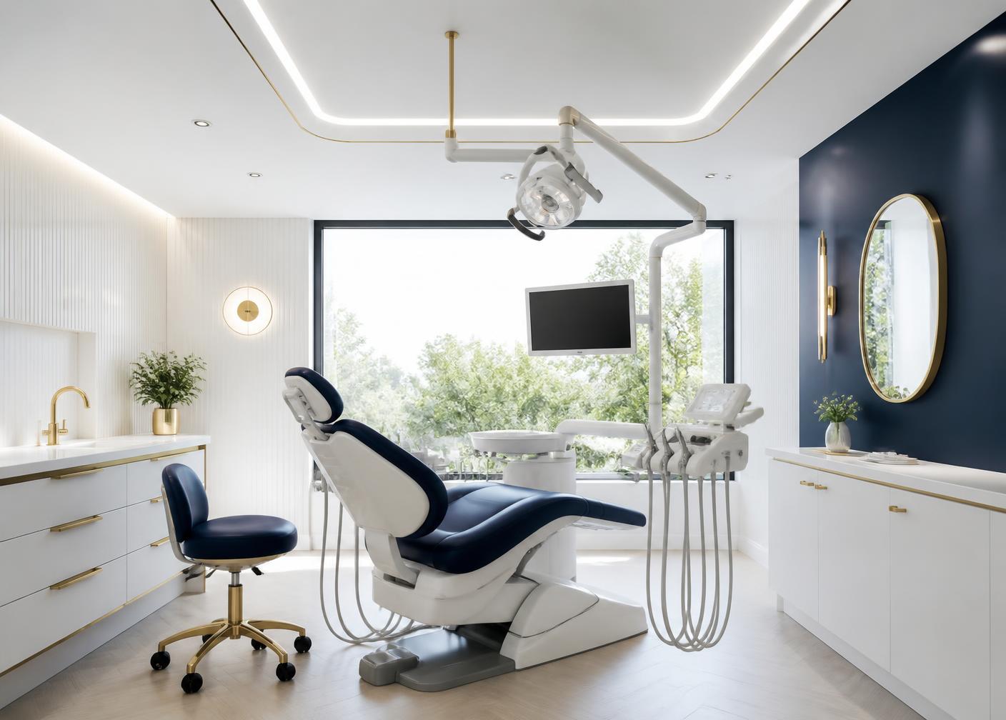 Modern dental treatment room with natural light and navy accents